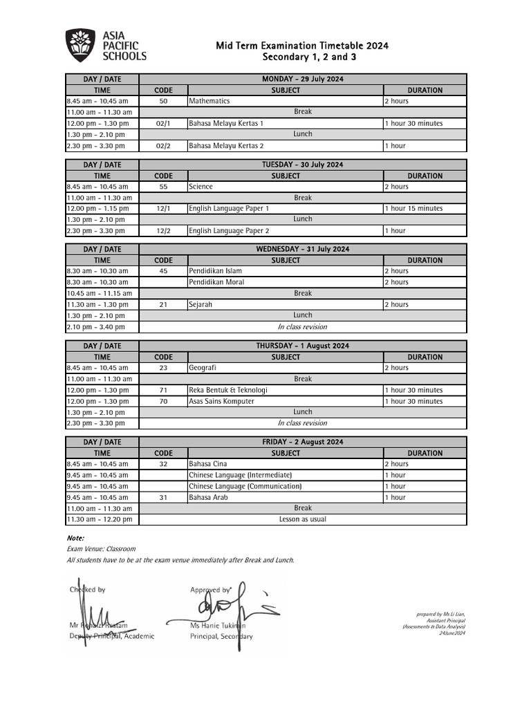 Mid Term Exam Schedule 2024 | PDF | Schools