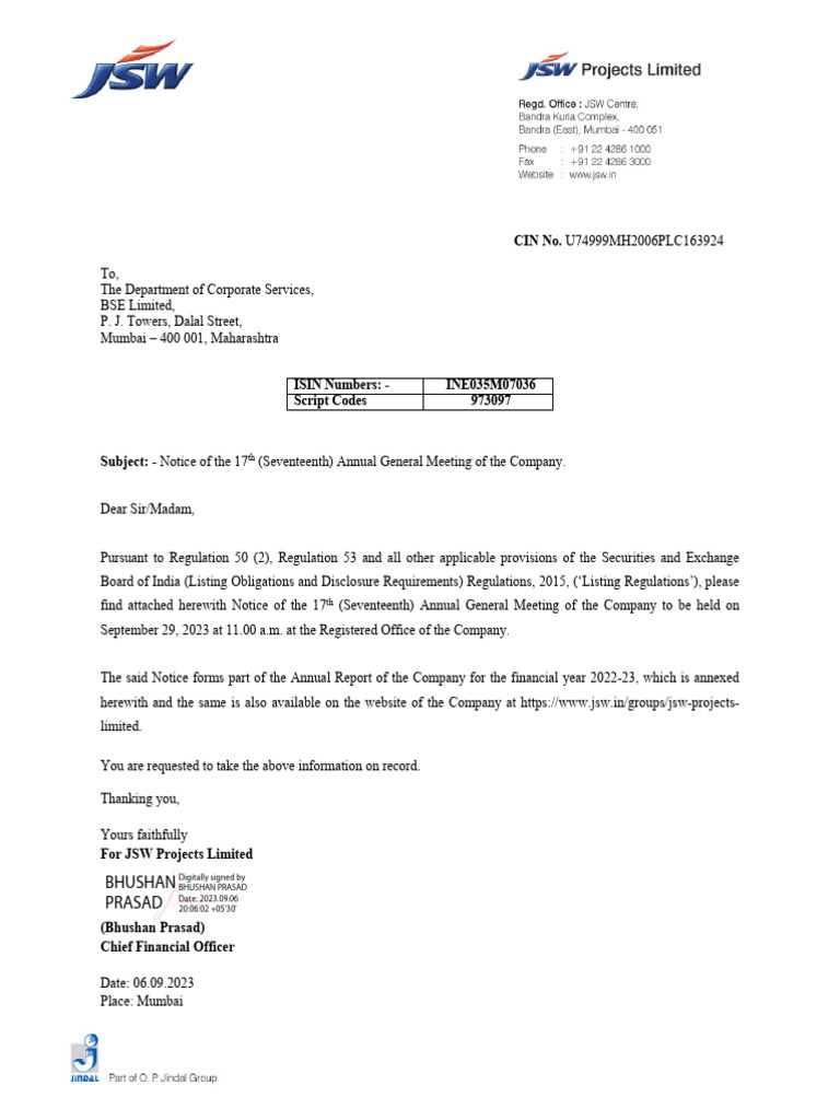 JSW Projects Limited 17th AGM Notice | PDF | Audit | Auditor's Report