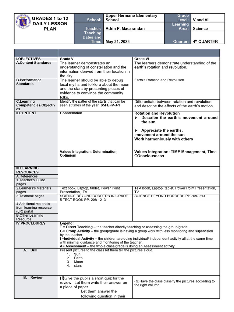 Grade V & VI Science Lesson Plan | PDF | Learning | Differentiated ...