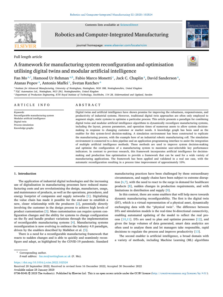 A Framework For Manufacturing System Reconfiguration and Optimisation ...