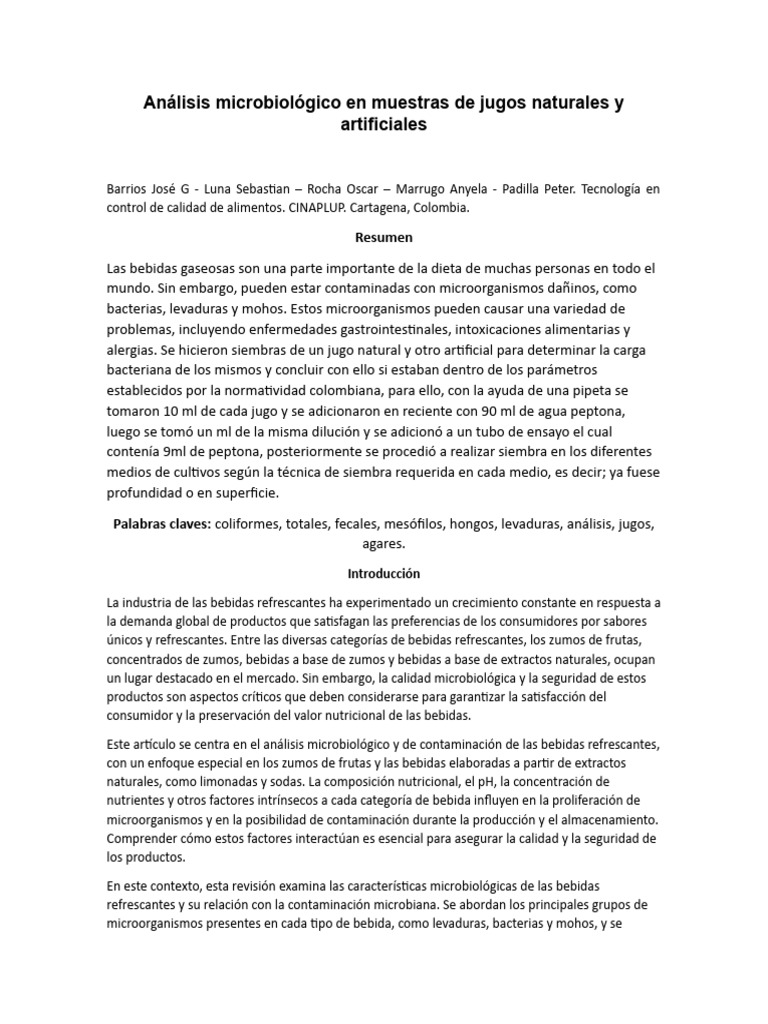 Análisis Microbiológico de Jugos Naturales | PDF | Bebida | Microbiología