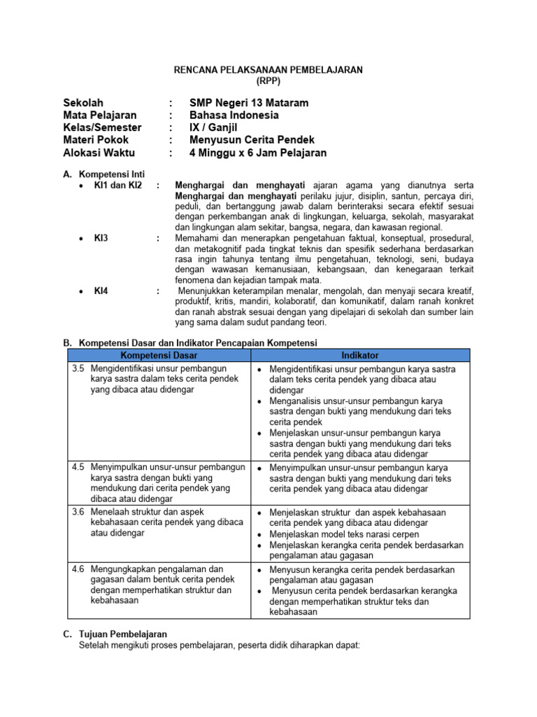 RPP Menyusun Cerita Pendek SMP | PDF