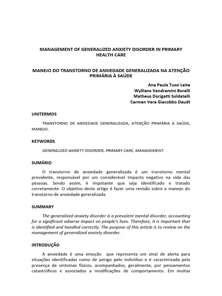 Manejo do Transtorno de Ansiedade Generalizada | PDF | Ansiedade ...