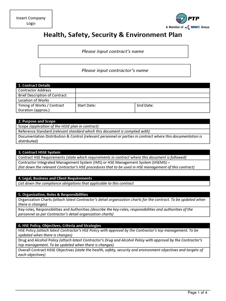 2 0 PTP S HSSE Plan Template | PDF | Occupational Safety And Health ...