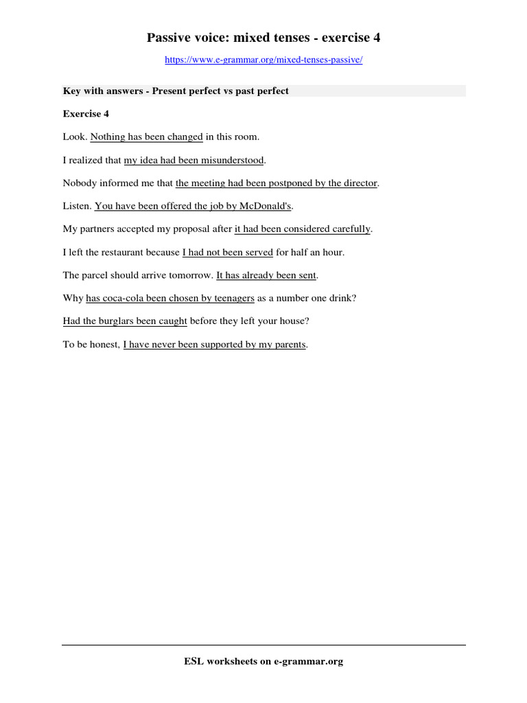 Mixed Tenses Passive Exercise 4 Key | PDF | Wellness