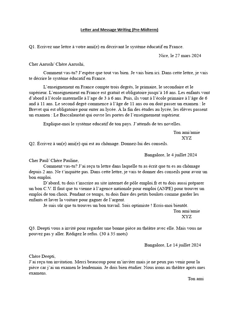 Rédaction de lettres et messages en français | PDF | Niveaux d'enseignement