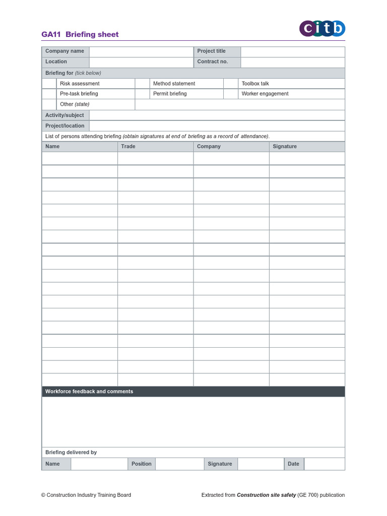 Construction Site Safety Briefing Template | PDF | Computers ...