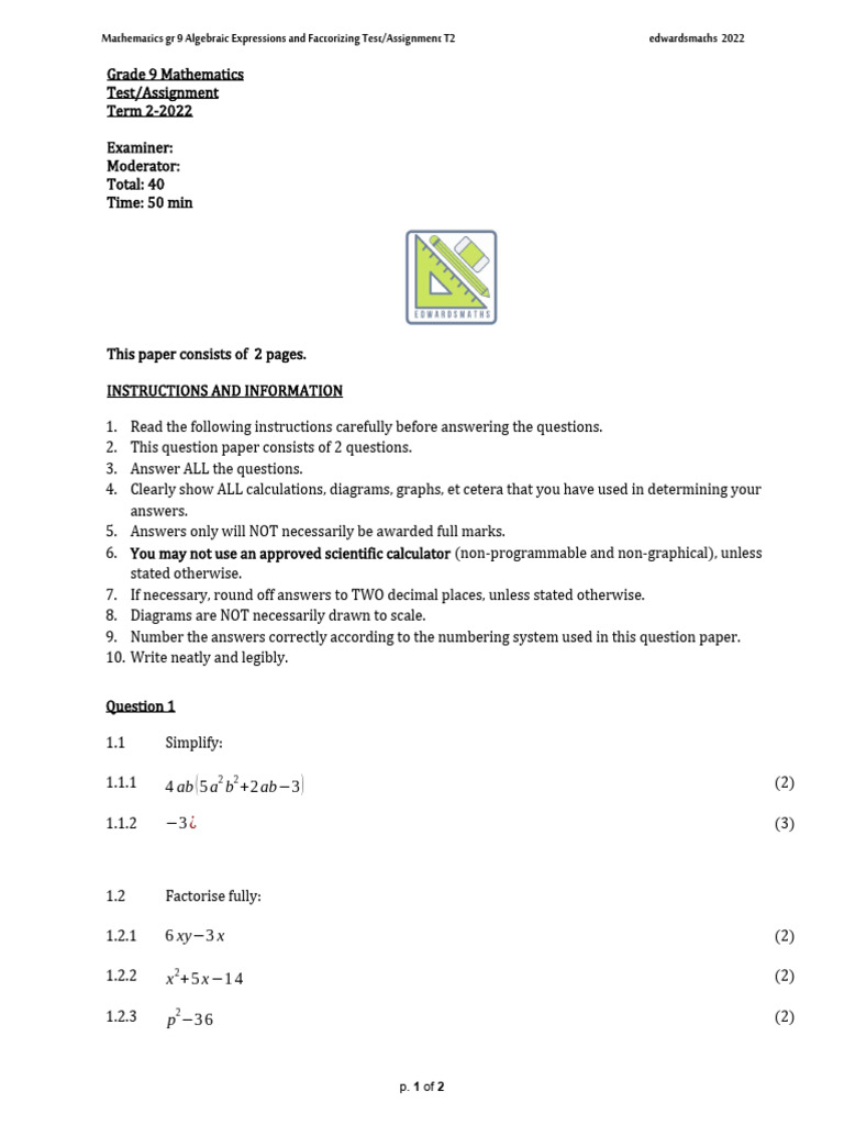 Grade 9 Algebra Test Assignment | PDF | Mathematics