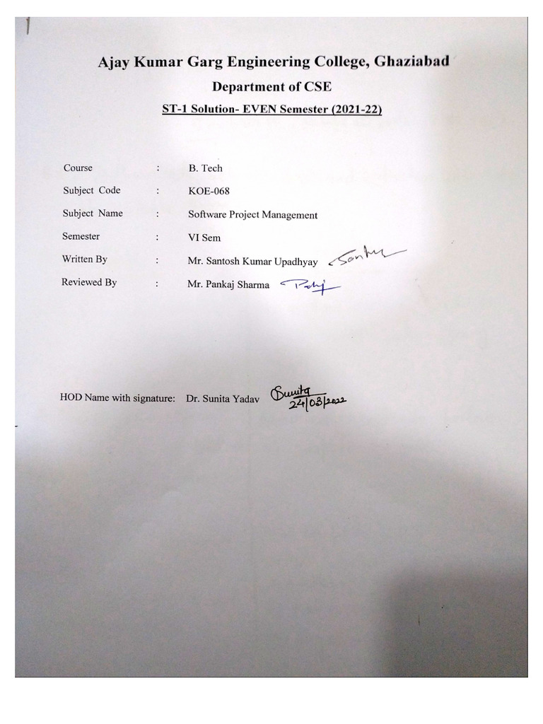 Software Project Management KOE-068 ST-1 Sol Even 21-22 | PDF