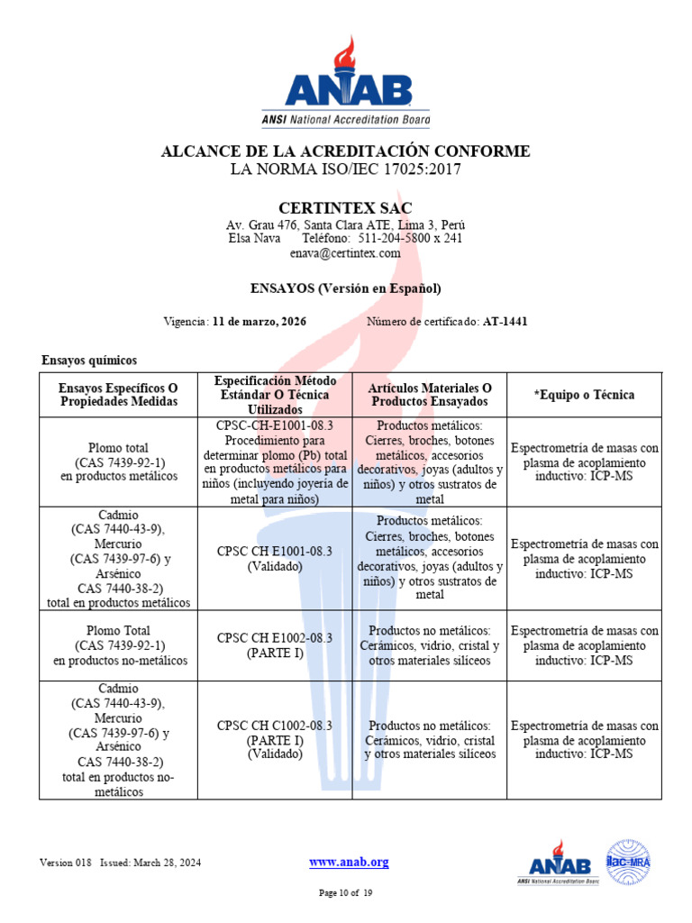 CERTINTEX Alcance de Acreditación-Español ANAB | PDF | Textiles ...