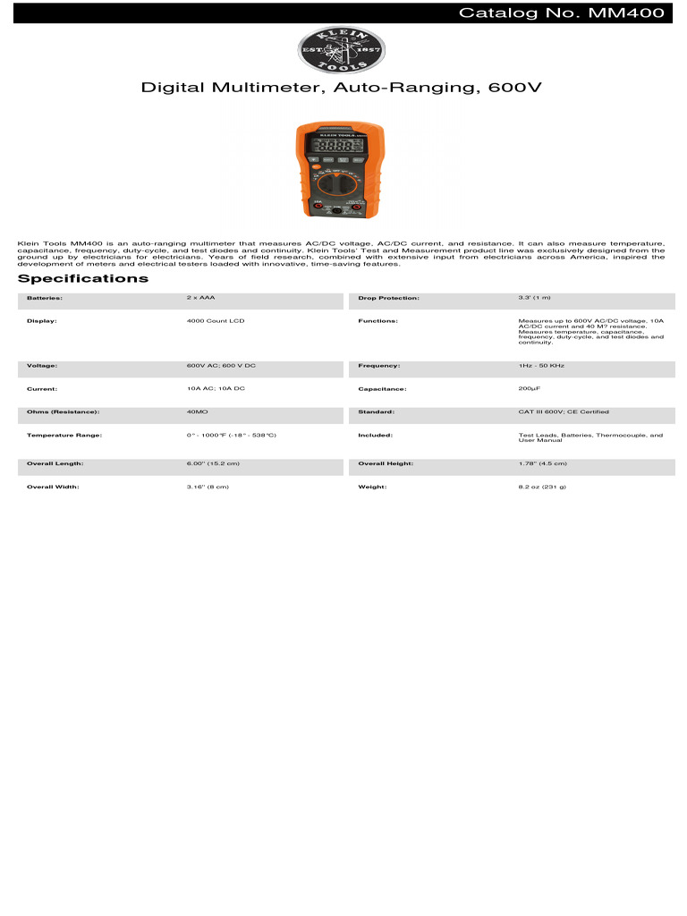 Klein MM400 Auto-Ranging Multimeter | PDF | Electrical Engineering ...