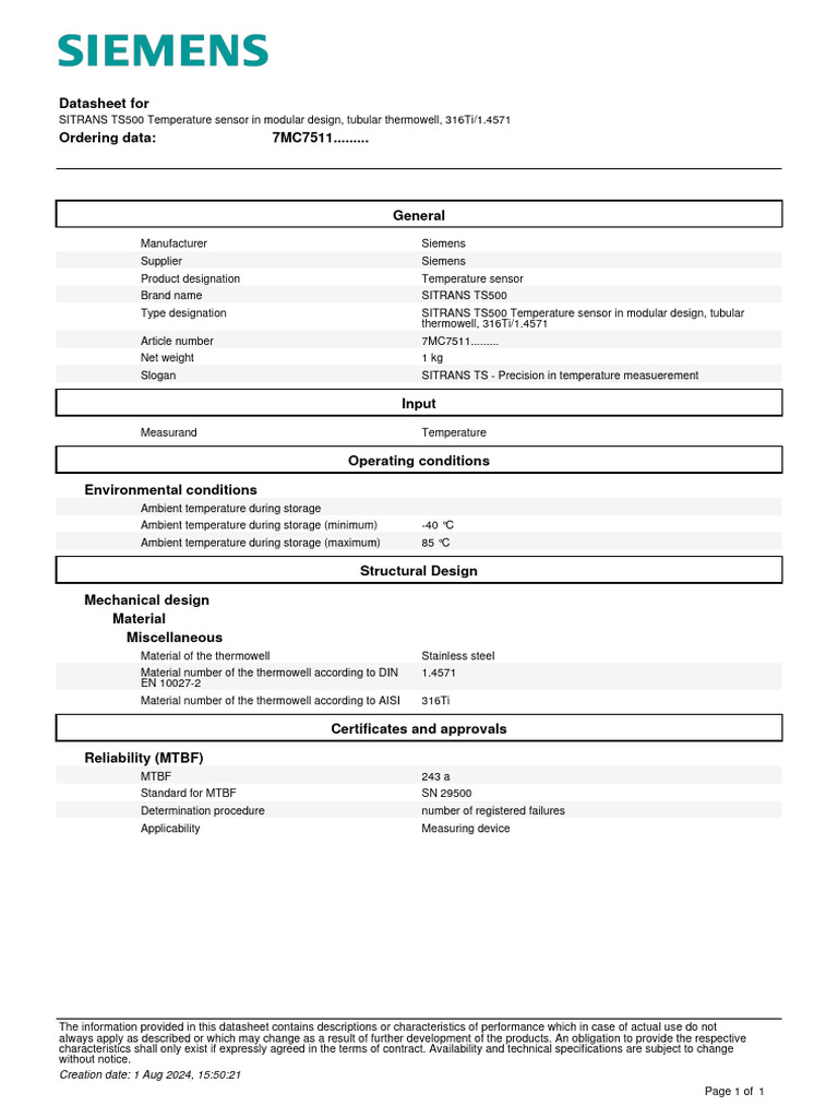 SITRANS TS500 Temperature Sensor Datasheet | PDF | Temperature ...