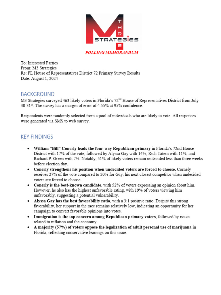 Polling Memorandum - Florida HD72 Poll - August 1 2024 | PDF ...