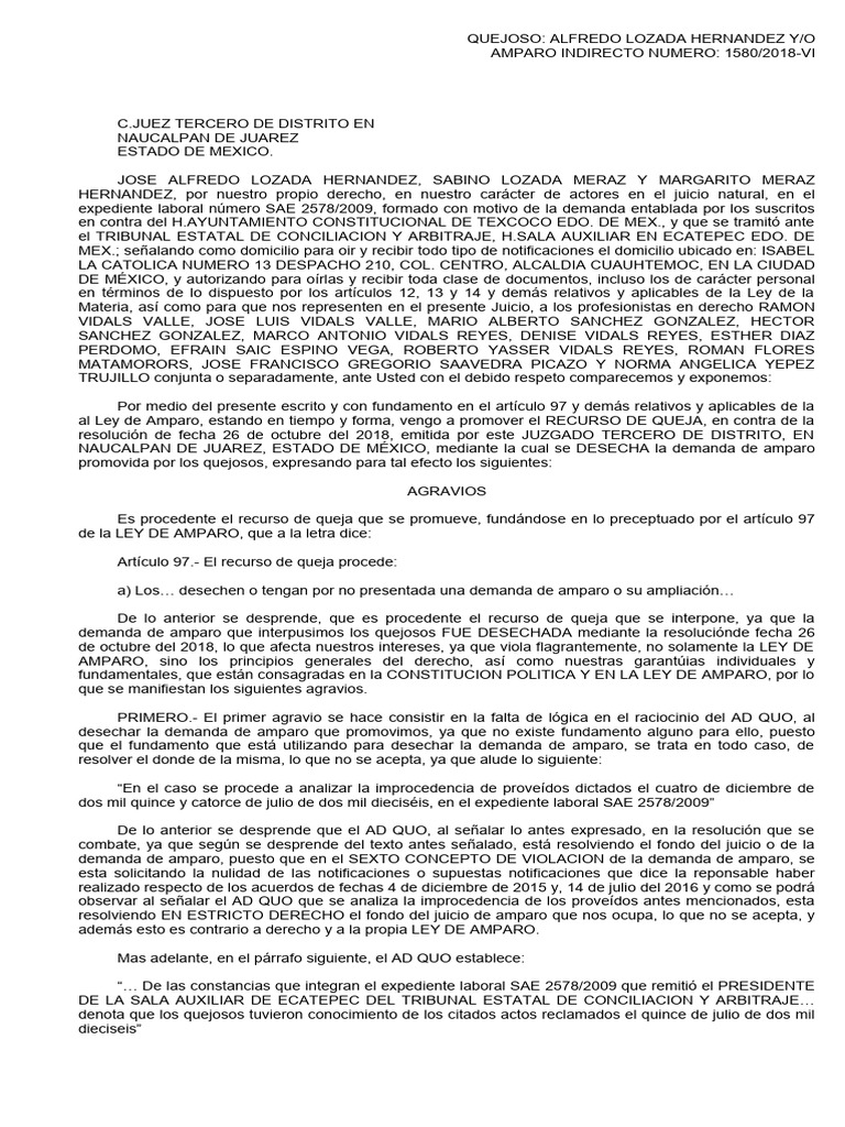 Recurso de Queja en Amparo Laboral | PDF | Caso de ley | Demanda judicial