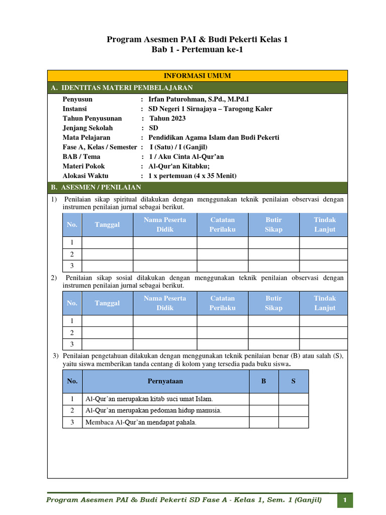 Program Asesmen PAI Kelas 1 SD Ganjil | PDF | Pengembangan Diri | Sains ...