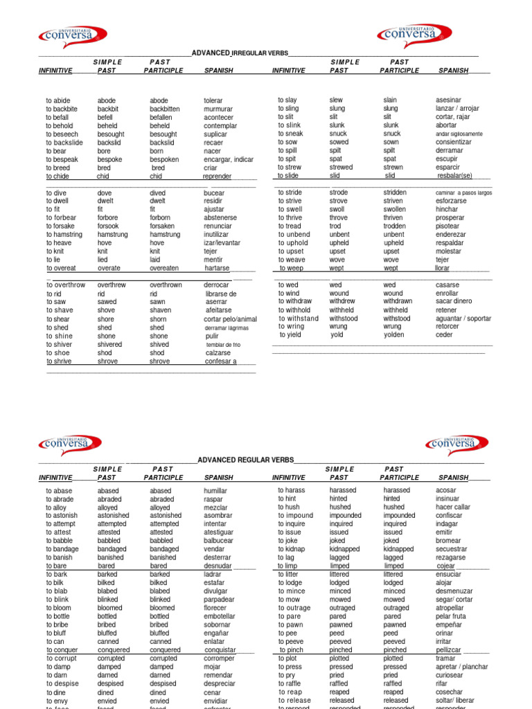 Advanced Irregular and Regular Verbs | PDF | Linguistic Morphology | Syntax