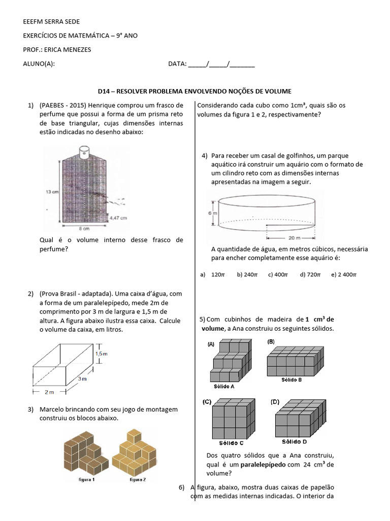 Exercícios de Volume - 9º Ano | PDF | Triângulo | Volume