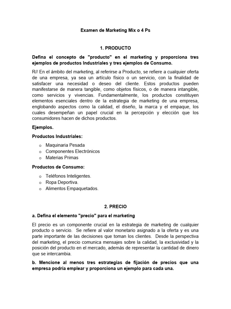Examen de Marketing Mix o 4 Ps | PDF | Marketing | Producto (Negocio)