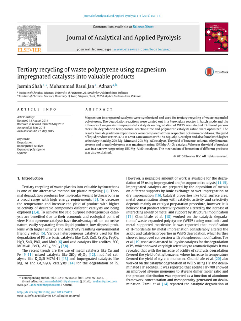 Tertiary Recycling of Polystyrene Catalysts | PDF | Adsorption | Catalysis