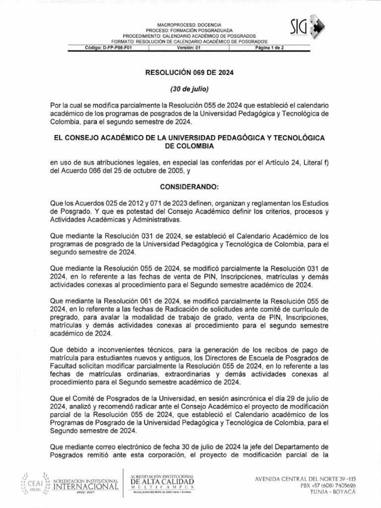 ResoluciÃ N 069 de 2024 | PDF | Educación más alta | Academia