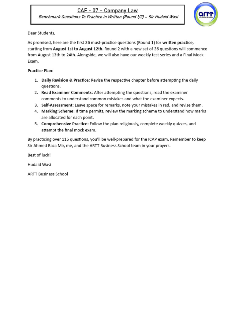 ARTT - CAF 7 Benchmark Questions (Round 1) | PDF | Tests | Educational ...