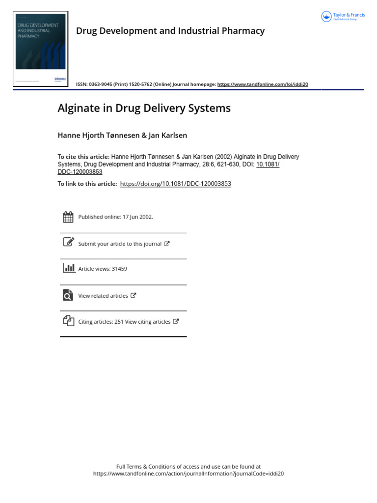 Alginate in Drug Delivery Systems | PDF | Pharmaceutical Formulation | Gel