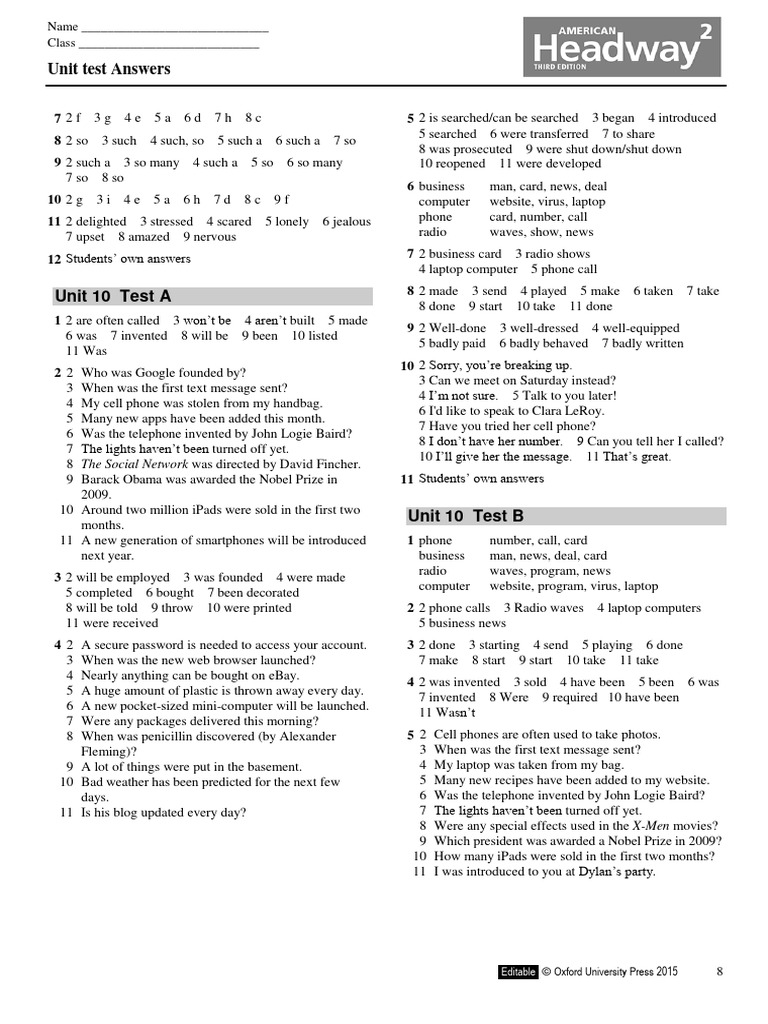AHW3e - Level 2 - Unit Test Answer Key | PDF | Games & Activities