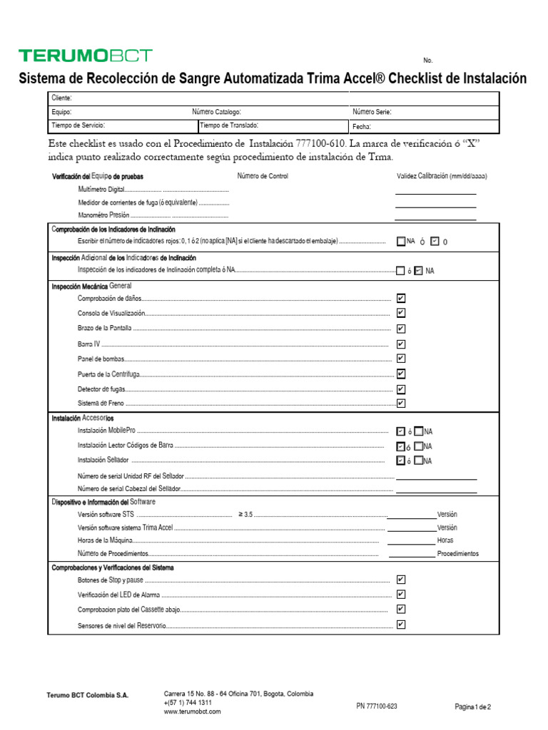 Check List Instalacion Trima Español | PDF