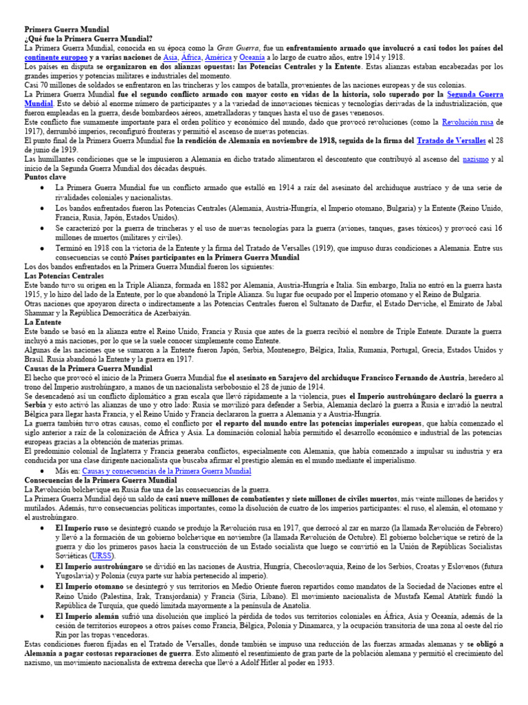 Causas y consecuencias de la Primera Guerra Mundial | PDF | Primera ...