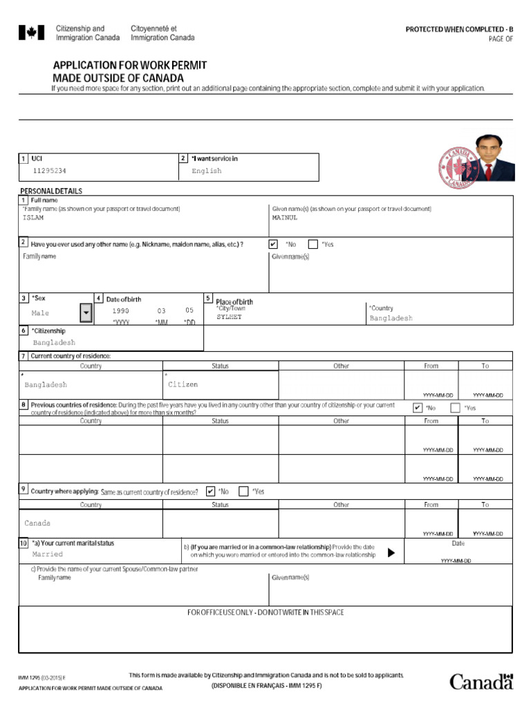 Mainul Islam Canada Work Visa Application Form | PDF