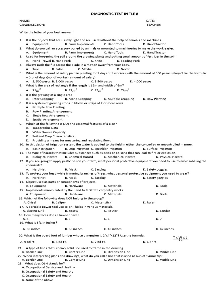 Diagnostic Test in Tle 8s.y. 2023 2024 | PDF | Textiles | Personal ...