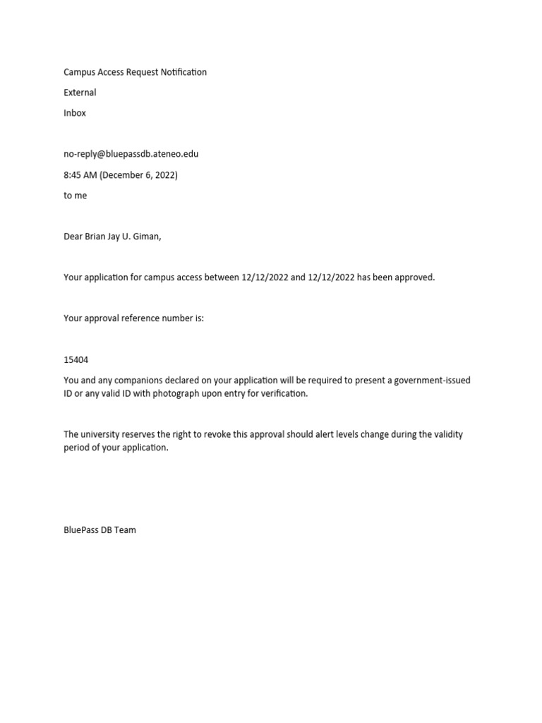 Ateneo Campus Access Request Notification | PDF