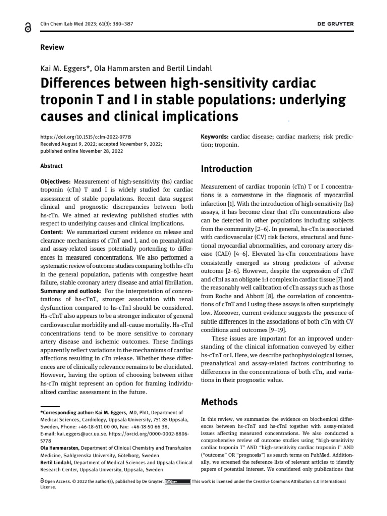 Differences Between High Sensitivity Cardiac Troponin T and I in Stable ...