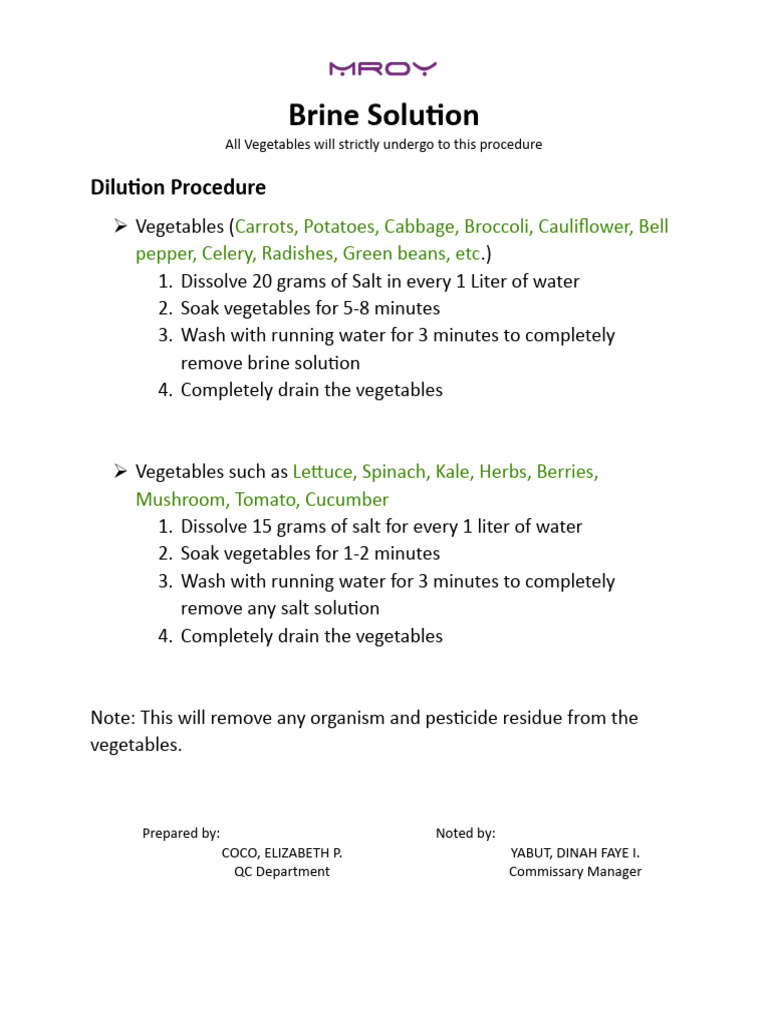 Brine Solution Vegetable Cleaning Guide | PDF | Technology & Engineering