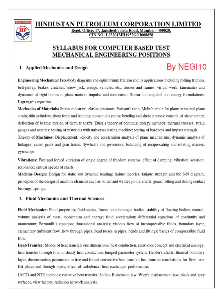 HPCL Mechanical Engineering Test Syllabus | PDF | Heat Transfer | Fluid ...