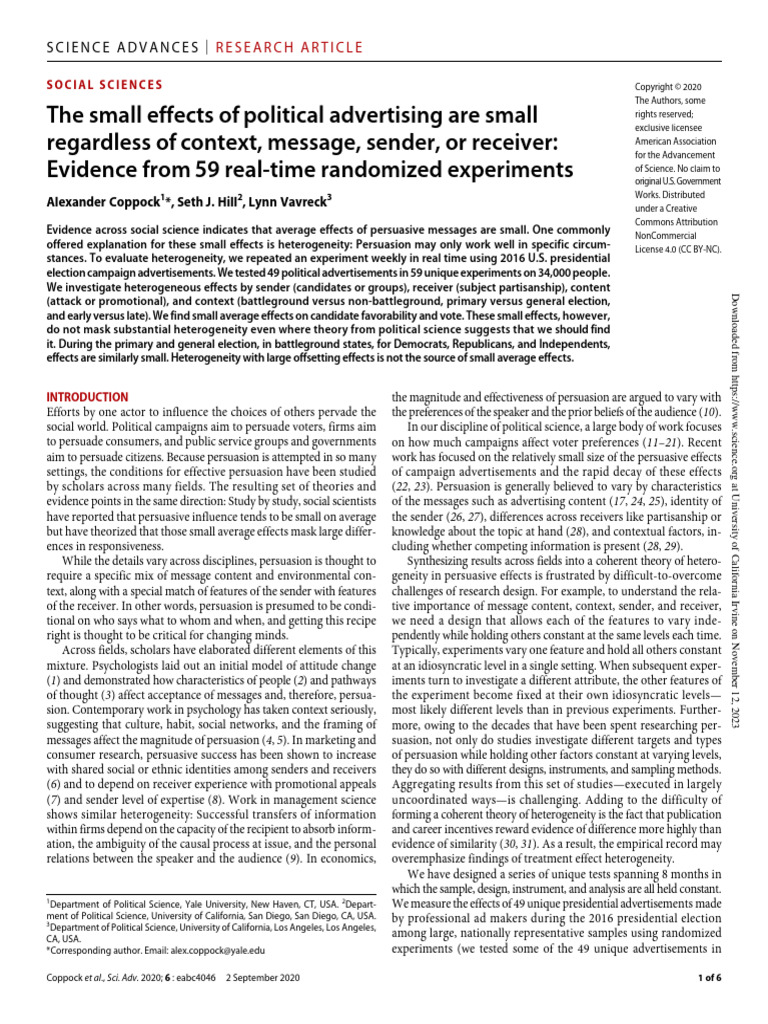 Coppock Et Al (2020) | PDF | Persuasion | Experiment
