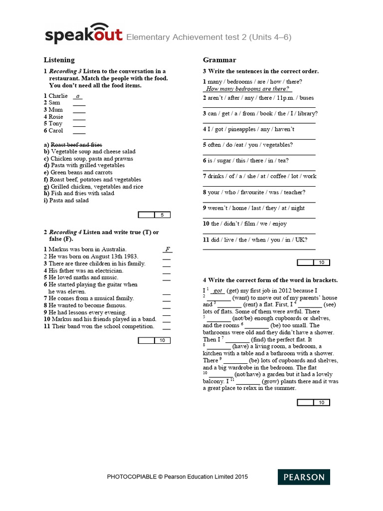 Test Speakout Elementary Achievement 2 | PDF | Cuisine | Cooking