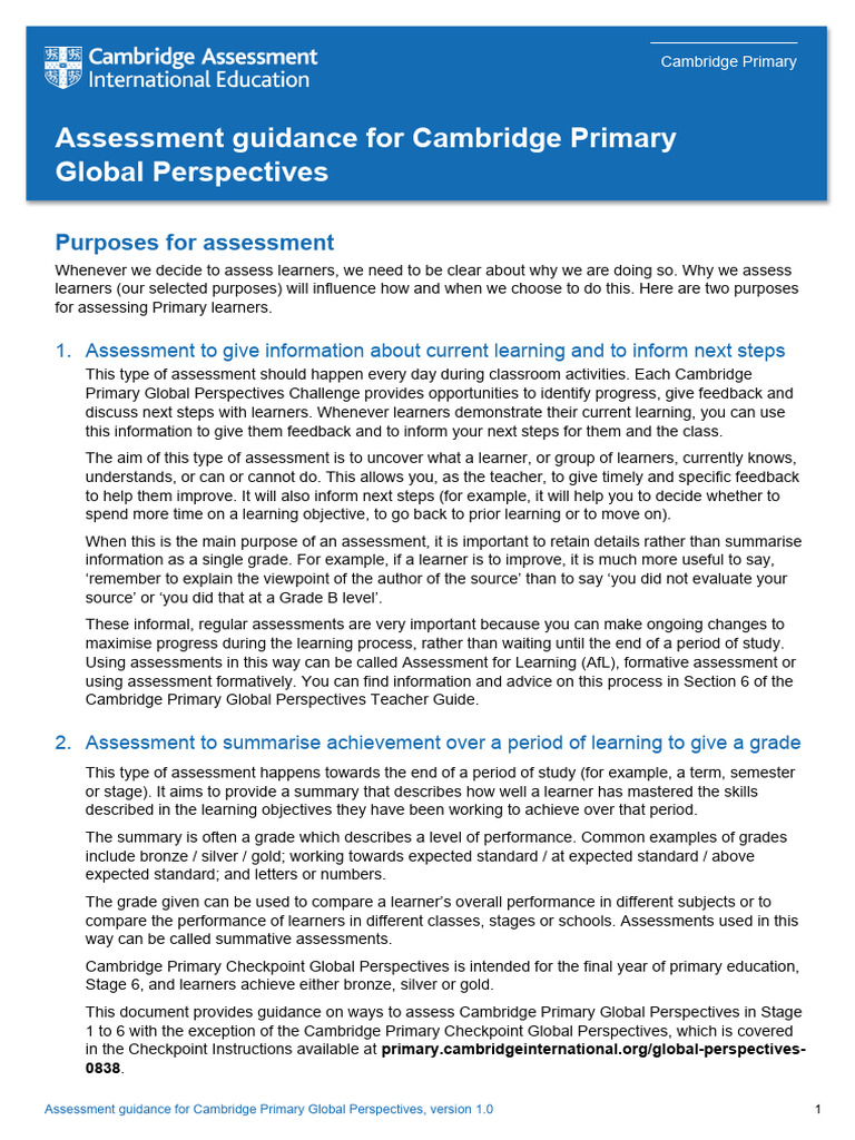 Cambridge Primary Global Perspectives Assessment Guide | PDF ...
