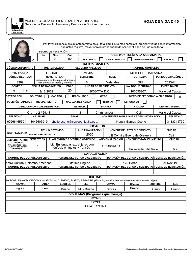 Hoja de Vida de Michelle Daiyanna Osorio | PDF | Documento de identidad