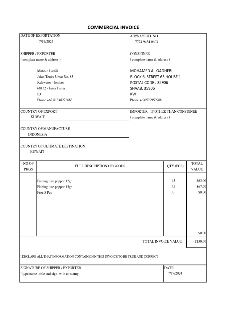 Commercial Invoice for Fishing Lures | PDF