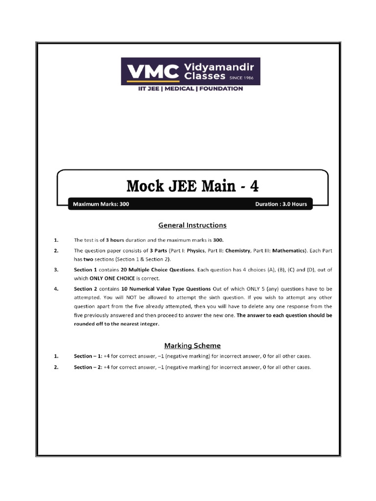 VMC Jee Mains Test 2024 4 | PDF