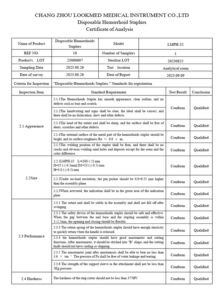 Quality Report for Disposable Hemorrhoid Staplers | PDF | Sterilization ...