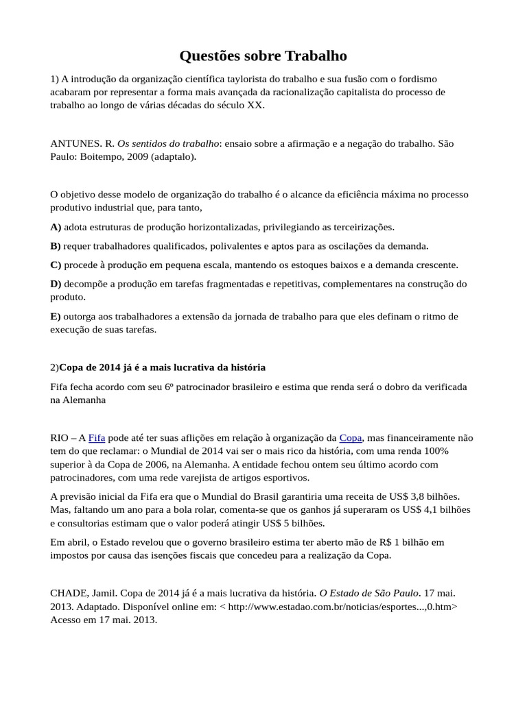 Questões sobre Trabalho e Sociedade | PDF | Sociologia | Capitalismo