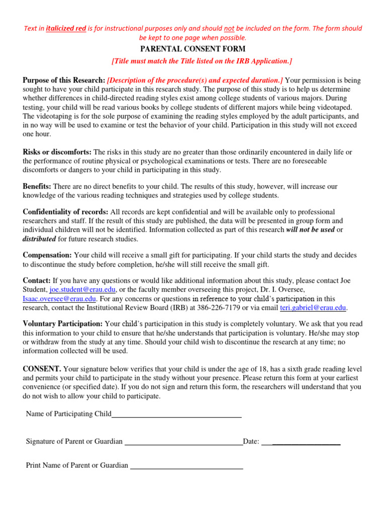 Parental Consent Form for Child Study | PDF | Consent | Behavioural ...