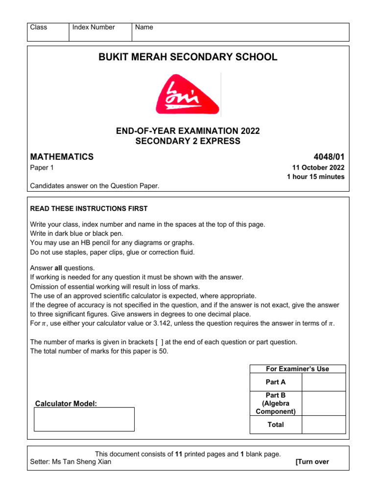 Sec 2 Express Math EOY Exam 2022 | PDF | Triangle | Mathematics
