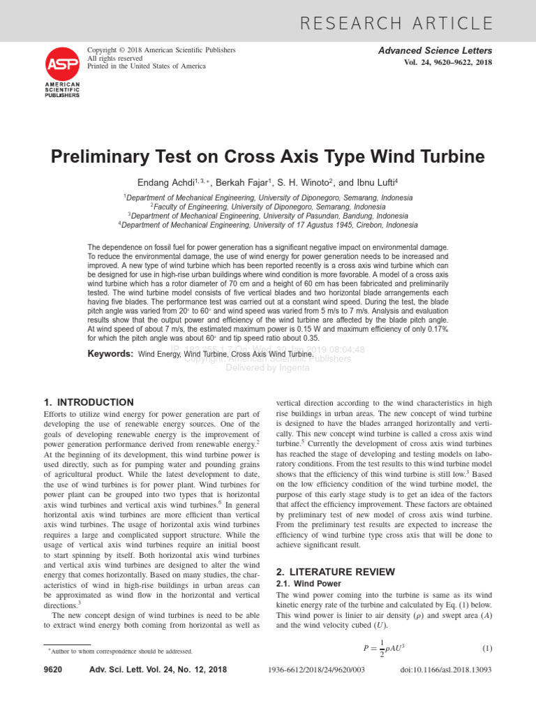 Fullpaper-Preliminary Test On Cross Axis | PDF | Turbine | Wind Turbine