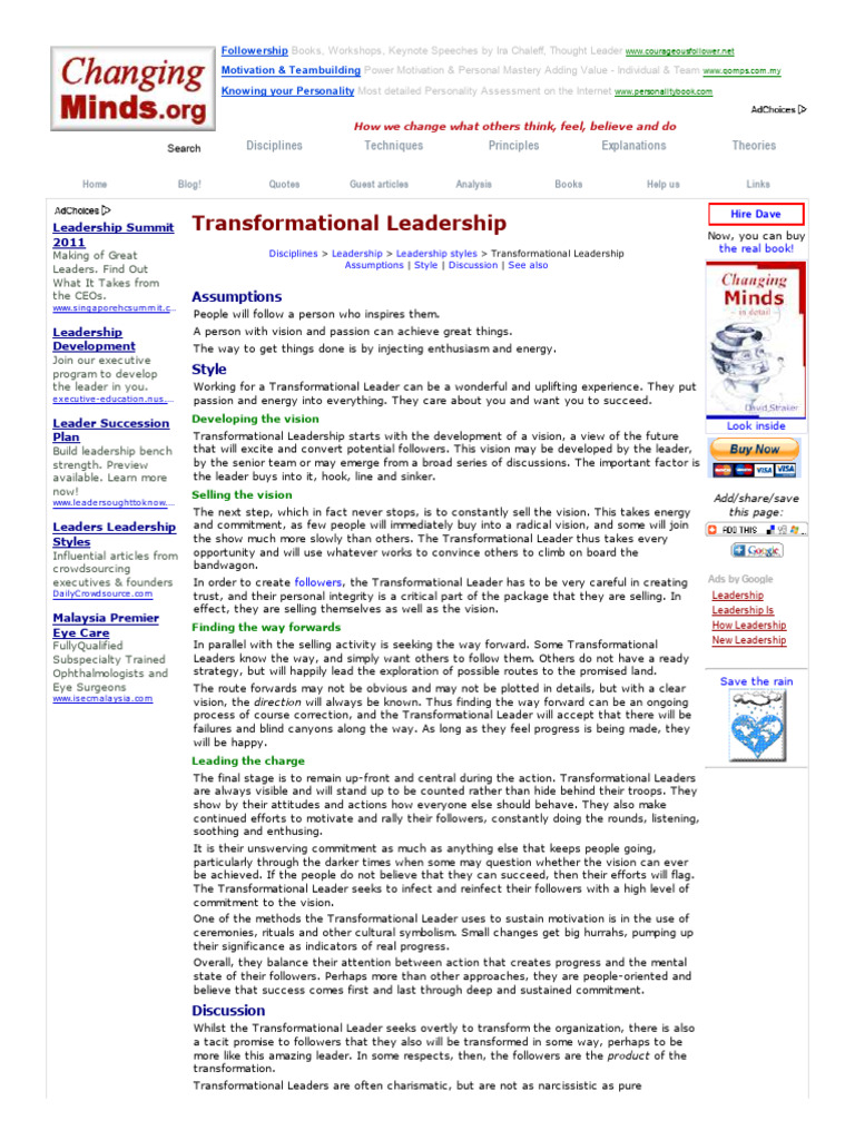 Transformational Leadership From Changing Minds | PDF | Leadership ...