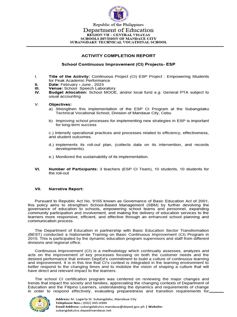 ESP Continuous Improvement Report 2023 | PDF | Vocational Education ...