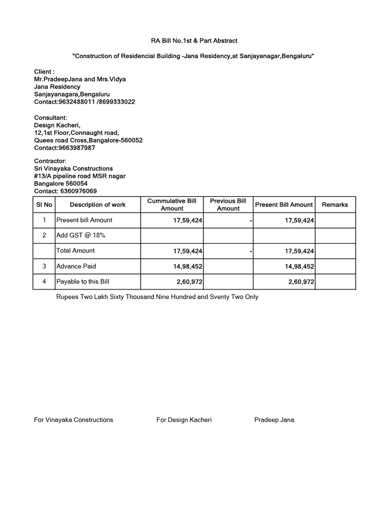 RA Bill for Jana Residency Construction | PDF | Finance & Money Management