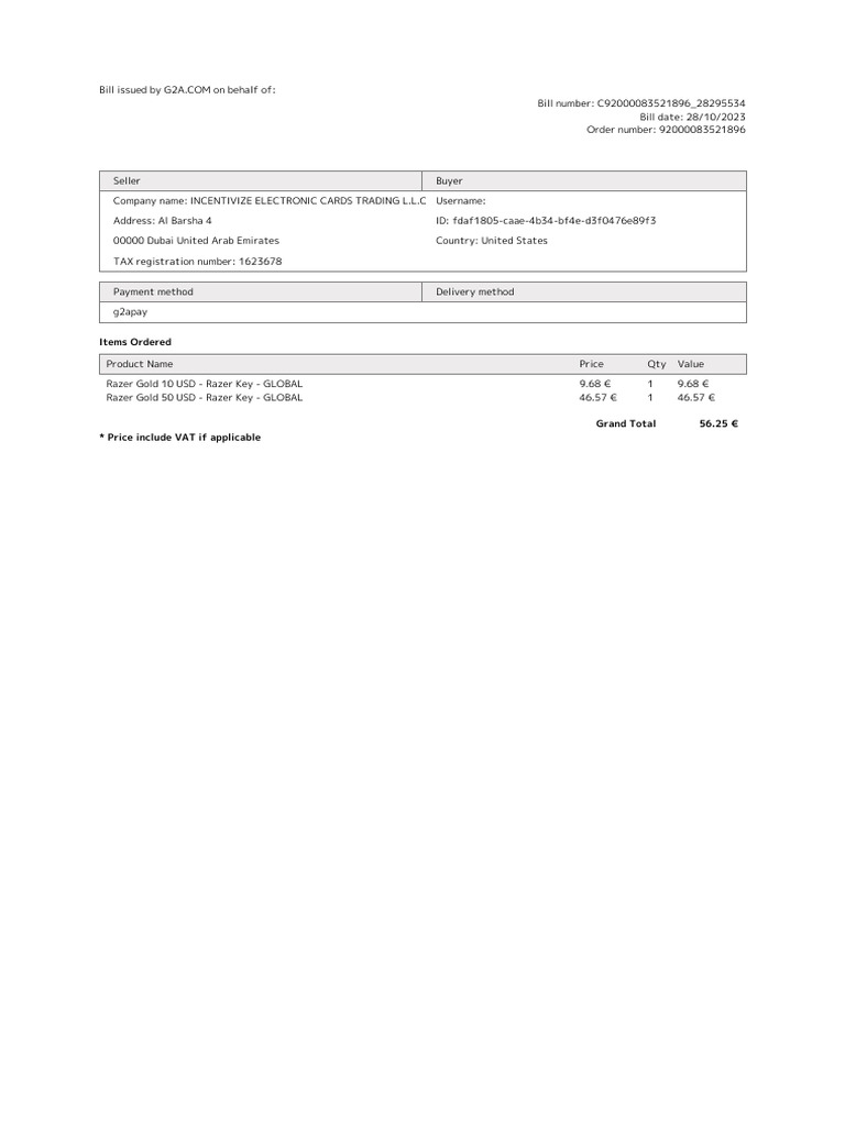G2A Invoice for Razer Gold Purchase | PDF